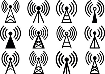Set of black antenna icons on white background