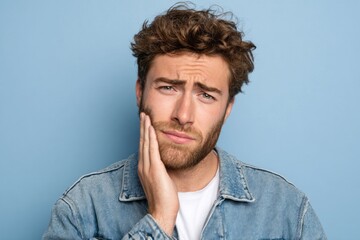 Obraz premium Close-up of a man experiencing facial pain, his hand placed on his cheek, displaying a concerned and distressed expression against a light blue backdrop.