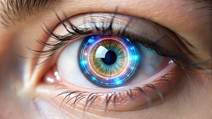 Futuristic digital eye interface with glowing circuits and vibrant colors, symbolizing advanced technology and vision