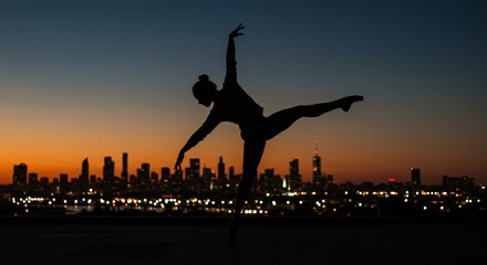 Graceful ballerina performs elegant arabesque silhouette against vibrant city skyline at dusk, inspiring artistic expression.