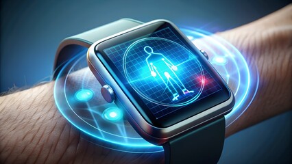 Futuristic smartwatch displays human health data with glowing digital interface on wrist