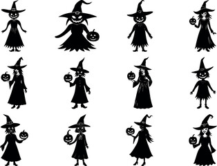 Halloween Witch Silhouettes Holding Pumpkins Vector Set