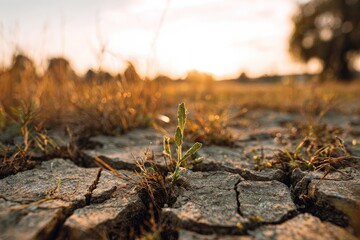 Fototapeta premium Emerging plant in cracked earth at sunset