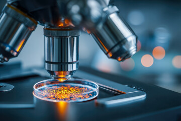 Close-up of a laboratory microscope examining a petri dish with glowing orange samples under bright scientific research lighting conditions