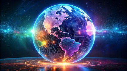 Dynamic glowing earth globe with digital network lines against starry cosmic background