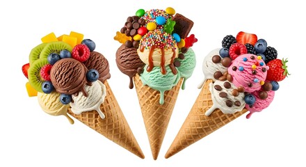 Three delicious ice cream cones topped with colorful scoops, fresh fruits like kiwi and berries, chocolate pieces, sprinkles, and whipped cream, beautifully arranged on a white background for a sweet
