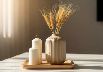 A vase filled with dried wheat ears and two white candles on a tray, home decor