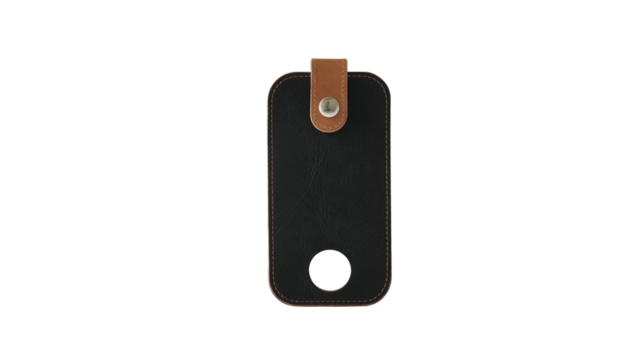 Elegant black leather keychain holder with tan strap and snap closure