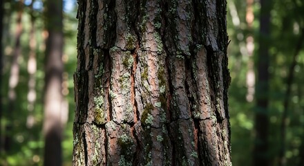 Obraz premium Close up of a pine tree trunk with rough bark in a forest.