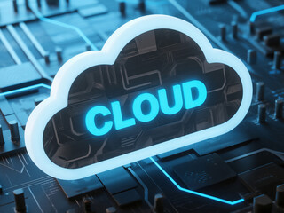 A glowing cloud computing icon on a futuristic digital circuit board background. Concept of cloud storage, big data, cybersecurity, digital infrastructure, and online networking.