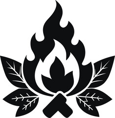 Stylized black silhouette of a campfire with leaves and flames silhouette isolated on white background isolated on transparent background