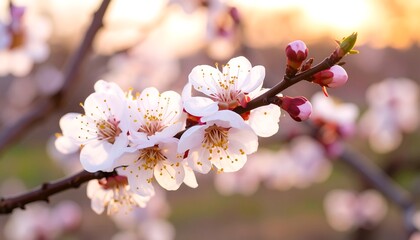 Obraz premium Blossoming apricot tree at sunset