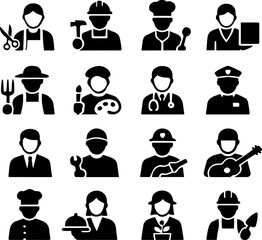 Silhouette profession icons set including doctor, chef, engineer, artist, police, pilot, farmer, scientist, and worker. Great for education, career guides, and infographics.