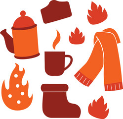 Cozy autumn elements including teapot mug scarf boot and flames isolated on white background isolated on transparent background silhouette