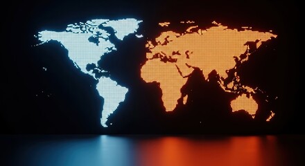 Illuminated World Map in Orange and Blue, Global Technology Concept