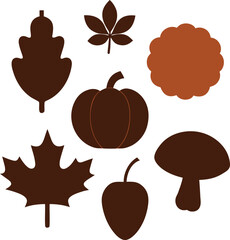 Collection of autumnal silhouette icons including leaves pumpkin acorn and mushroom isolated on white background isolated on transparent background