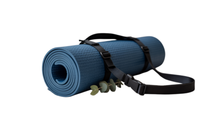 Rolled blue yoga mat with adjustable strap ready for your wellness journey