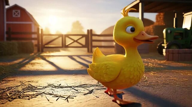 Cute yellow duckling walking on sunlit barnyard with warm golden light.