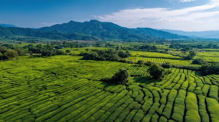 Serene Tea Plantation Landscape: Lush Green Terraces and Majestic Mountains