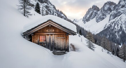 Naklejka premium Cozy Wooden Cabin Buried in Deep Winter Snow.