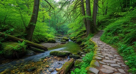 Naklejka premium Lush Forest Landscape with River and Stone Path