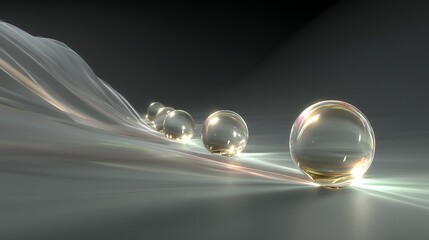 the image displays a row of spheres on a reflective surface under a dark background. the spheres are positioned in a receding line, diminishing in size towards the horizon