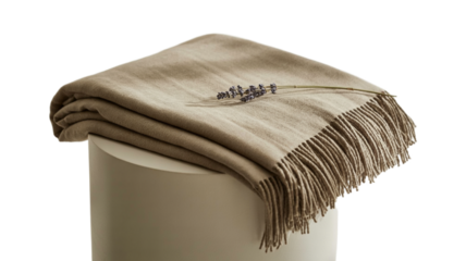 Cozy taupe throw blanket with lavender sprig offers serene comfort and elegance