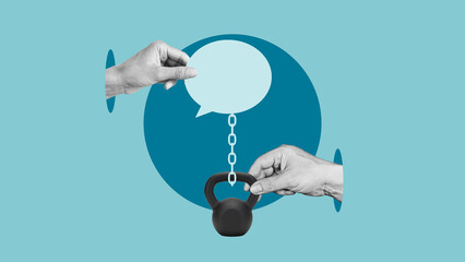 Censorship and restricted social dialogue are shown by speech bubble chained to the kettlebell....
