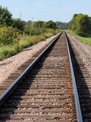 Fototapeta premium iPhone 16Pro Capture, Rail Road Tracks in country beginning of autumn. JPEG, 8.2MB, 10.5x14in, 3150x4200px, 300p/i