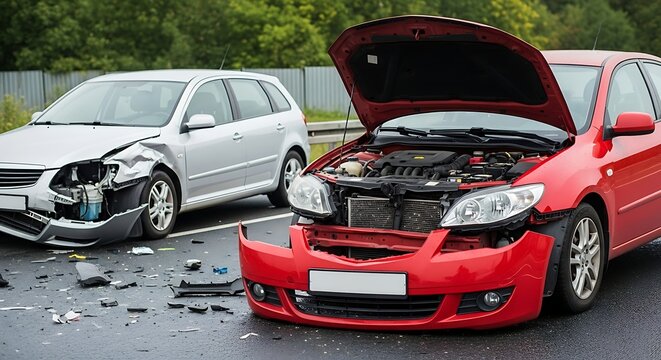 Car accident aftermath with damaged vehicles on the road side