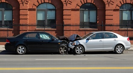 Car accident collision of two vehicles with damage and airbags deployed