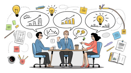 Business team brainstorming ideas for success with charts graphs and lightbulbs representing innovation and planning for growth and strategy