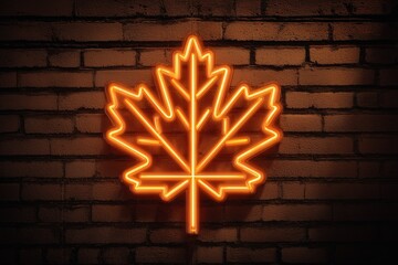 Neon maple leaf sign glowing on brick wall background.