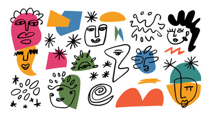 Colorful abstract line art faces shapes and doodles with a retro modernist vibe creating a playful and artistic modern composition