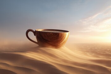 Fantasy cup of coffee placed on desert sand at sunrise.