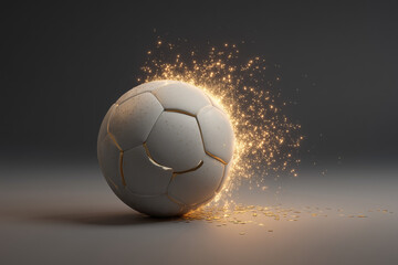 Soccer ball with golden sparks on dark background.