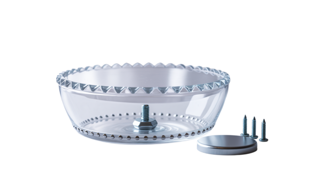 Transparent glass bowl with metal hardware for DIY projects or industrial design