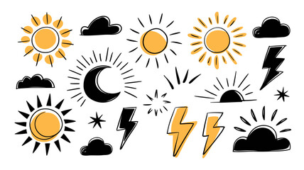 Hand drawn doodle icons of suns clouds lightning bolts crescent moon and stars representing weather and celestial elements for design