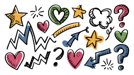 A collection of hand drawn doodle elements including stars hearts question marks lightning bolts and abstract shapes in various bright colors and black outlines