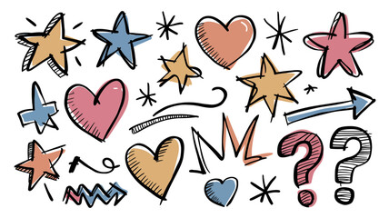 Hand drawn collection of stars hearts question marks arrows scribbles and asterisks in a playful doodle art style for decoration