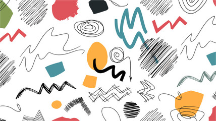 A playful and abstract pattern featuring scribbled lines organic shapes and colorful geometric elements in a repeating design
