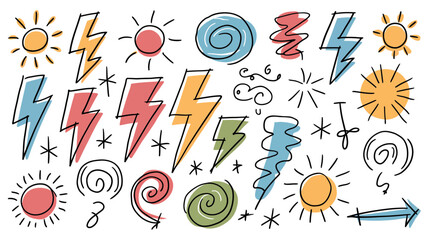 Collection of colorful hand drawn weather icons including sun lightning bolts swirls clouds and other natural elements