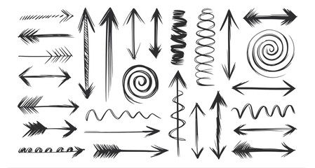 A collection of hand drawn arrows swirls and wavy lines representing direction movement progress change and communication in various styles