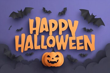 Seasonal Halloween lettering design with thematic pumpkin and bats on purple background, suitable for branding, merchandise, and promotional campaigns