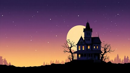 Fototapeta premium Halloween illustration of haunted house silhouette with moon and stars on gradient night sky, ideal for cards, posters, social media visuals and seasonal decoration