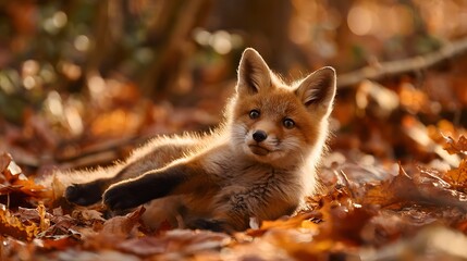 A cute baby fox lying down in the fallen leaves in the forest during the autumn season sunlight