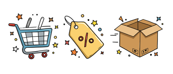 Shopping cart discount tag and open delivery box with stars representing online shopping sale and e-commerce fulfillment services