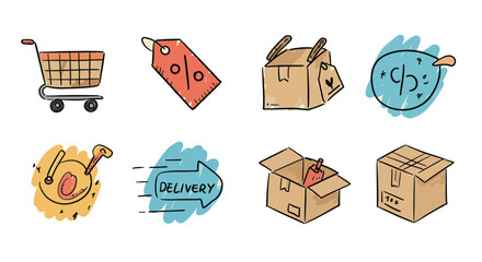 Shopping cart tag discount box delivery parcel package express shipping fast order fulfillment service retail e-commerce logistics