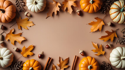 A cozy autumn frame with an assortment of orange and white pumpkins, colorful fall leaves, and acorns on a warm background.  Perfect for Thanksgiving, harvest festivals, and seasonal greetings.