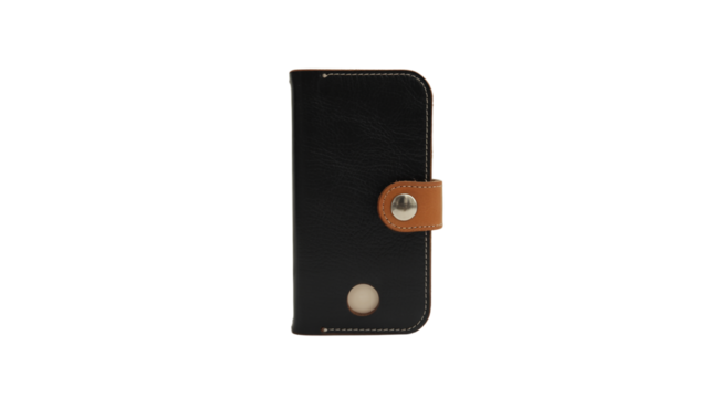 Elegant black leather phone case with tan accent offers modern protection